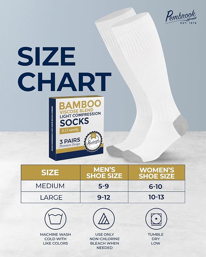 Pembrook Bamboo Viscose Light Compression Socks - 3 Pairs | 8-15 mmhg Compression Socks | Knee High Comfort Support Socks