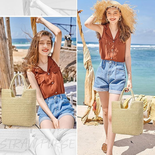 Straw Beach Bags for Women Woven Beach Tote Bag Casual Boho Large Shoulder Handbags Purse for Vacation Holiday