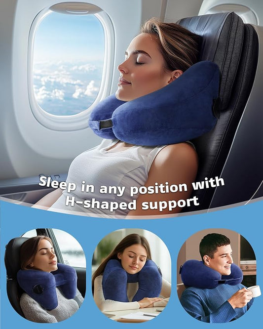Travel Pillow Inflatable Neck Pillow Airplane Pillow with Velvet Cover Inflatable Pillow for Car/Train/Plane (Blue, M)