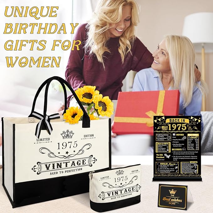 50th Birthday Gifts for Women Canvas Tote Bag Travel Gear, Unique 50 Years Old Gifts for Wife Sister Mom Aunt Friends Her, Vintage 1975 Handbag & Cosmetic Bag & Back in 1975 Poster