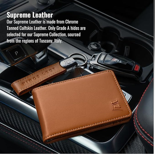 Kings Loot Wallet for Men | Minimalist Slim RFID Blocking Leather Design with Cash Pocket & Card Pull Strap | Holds 1-15 Cards | Stylish & Durable Wallets (Saffron)