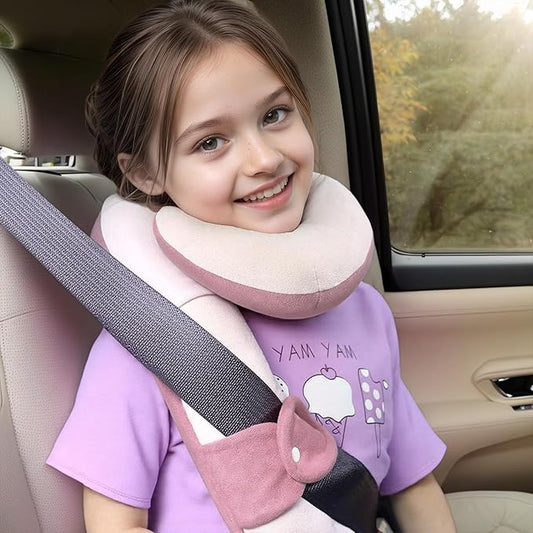 Kids Travel Neck Pillow, Comfortable Head & Chin Support for Car seat & Airplane, Toddler Pillow for Sleeping on Road Trip, Gifts for Child (Pink & Beige)