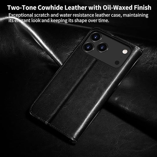 Belemay Leather Wallet Case Compatible with iPhone 17 Pro, Premium Cowhide Leather Two-Tone Effect, RFID Blocking Card Holders, Shockproof TPU Shell, Kickstand, Protective Flip Cover, 6.3", Black