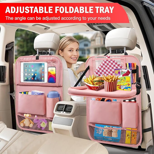 2Pack Car Backseat Organizer with Foldable Table Tray,6 Storage Pockets Car Storage Organizer with Tablet Holder,Car Seat Back Protectors Kick Mats Travel Accessories (Pink)