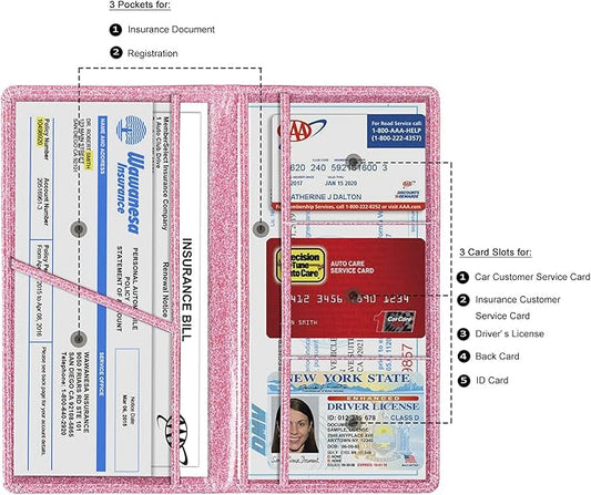 TOURSUIT Car Registration and Insurance Card Holder, Vehicle License Document Glove Box Compartment Organizer, Interior Car Accessories for Women Men Teens (Glitter Pink)
