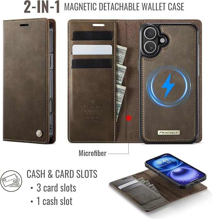 PlusnapX Wallet Case for iPhone 17 Compatible with Magsafe, 2-in-1 PU Leather Flip RFID Blocking Card Holder Stand Shockproof Magnetic Detachable Cover for iPhone 17 Case 6.3", Brown