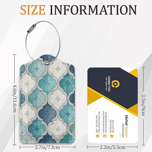 Blue Tiles Luggage Tags for Suitcase 3 Pack, Leather Bag Tags Identifiers with Privacy Name Address Labels and Durable Steel Loop for Men Women Backpack