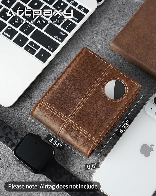 Mens Wallet With AirTag Holder, Bifold Leather RFID Blocking 1-2 ID Windows 12-13 Card Holders, Gift Box and Screen Protector Included, AirTag Not Included