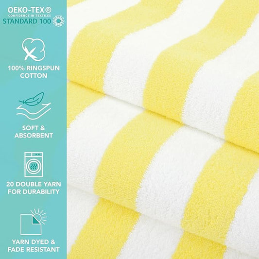Arkwright California Cabana Stripe Beach Towel - Pack of 4, Large Soft Quick Dry Cotton Terry Towels Set for Pool, Swim, and Hot Tub, Oversized 30 x 70 in, Yellow