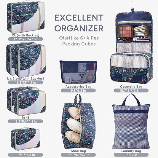 ALL INCLUDED 10 Set Durable Packing Cubes for Suitcases,OlarHike Essentials for Travel,UPGRADED Anti-Tear Stitching, NEW Improved Luggage Packing Organizers for Travel Accessories (Dark Blue Floral)