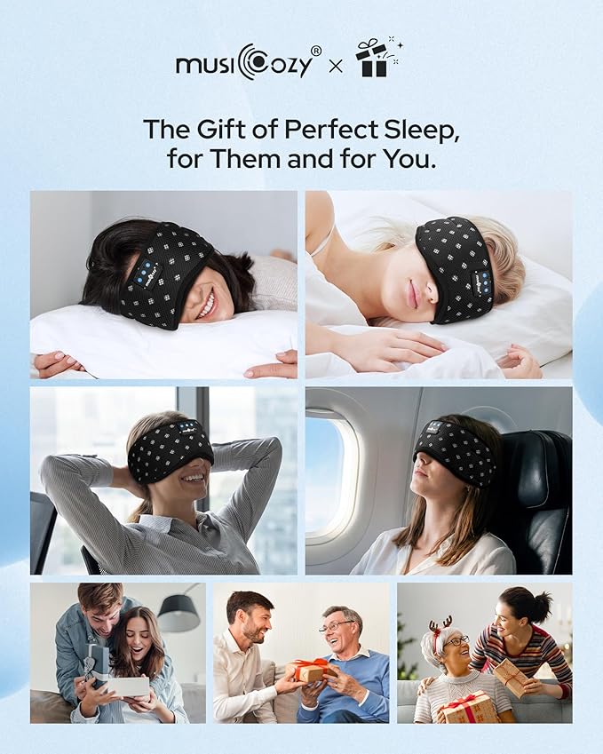 MUSICOZY Bluetooth Sleep Headphones for Side Sleepers, Wireless Headphones with Ultra-Thin Speakers in Comfortable Eye Headphone for Sleeping, Travel, Workout(Mesh Black)
