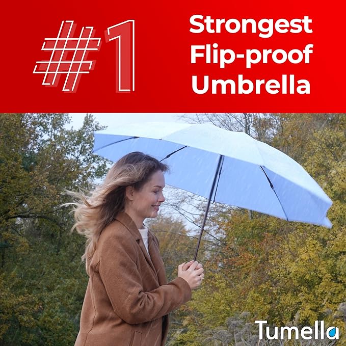 TUMELLA Flip-proof Inverted Travel Umbrella, Small Strong but Light Portable and Automatic Reverse Folding Rain Umbrella, Durable Premium Grip, Fits Car & Backpack