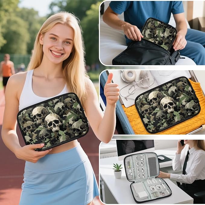 Camouflage Skull Travel Cable Organizer Pouch Camo Skeleton Electronics Accessories Carry Case Portable Water Resistant Storage Bag for Cord Charger Phone Earphone SD Card