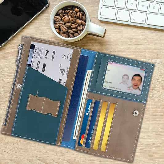 Real Leather Wallet Slim RFID Blocking Passport Holder Travel Document Organizer Blue (Dark Blue)