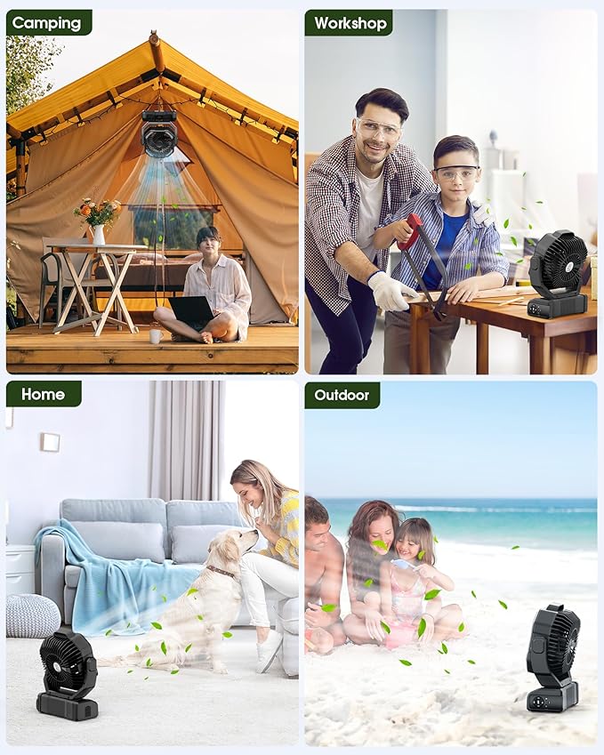 Portable Rechargeable Camping Fan - 20000mAh Cordless Battery Powered Tent Fans with LED Lantern, Remote Auto Oscillating USB C Operated Table Ventilador for Travel Picnic Barbecue Outdoor