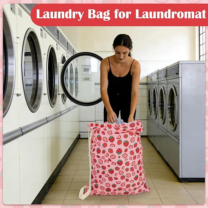 Canvas Laundry Bag with shoulder Strap 24" x 29", Large Drawstring Dirty Clothes Bag Washable Laundry Sack for College Dorm, Travel, Home, Camp (Strawberry)