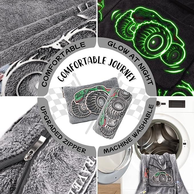HWING Truck Travel Blanket Pillow - Glow in The Dark Kids Travel Blanket Airplane Compact with Bag - Boys Trucks Toys Gifts, Airplane Blanket for Long Flights, Outdoor, Car, Camping 40"*60"