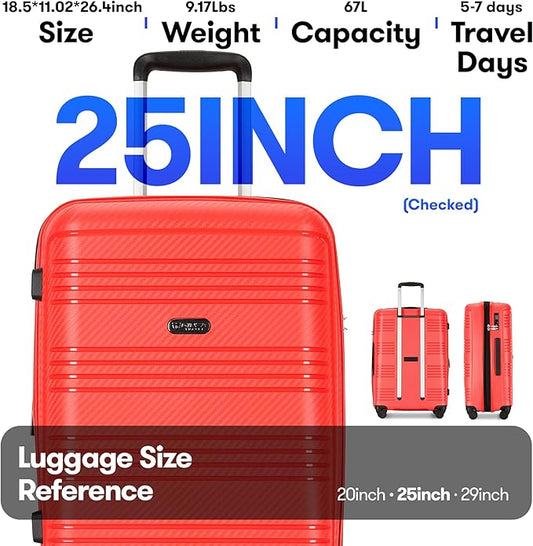 GinzaTravel 25 Inch Medium Checked Luggage Lightweight Suitcase with Spinner Wheels TSA Lock, Red