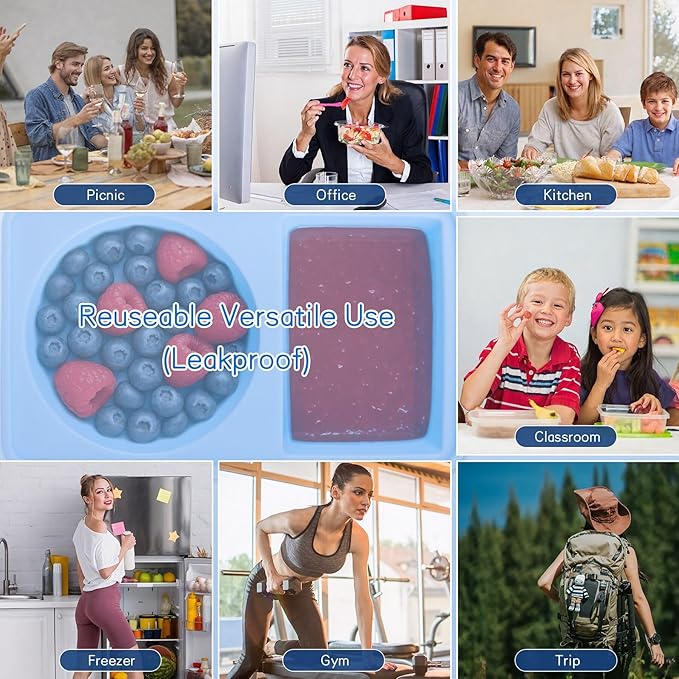 SEVENKA 3 Reuseable Silicone Snack Containers with Lids, Small Double Compartment Snackle Bento Box, Leakproof Sauce & Salad Dressing Containers for Travel, Office, Picnic, Dishwasher Safe