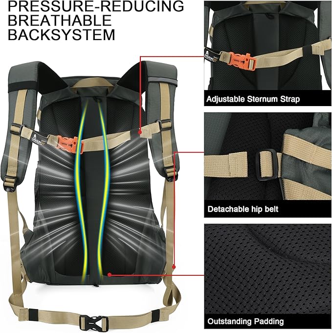 MOUNTAINTOP 35L Hiking Backpack, Lightweight Outdoor Travel Camping Daypack with Rain Cover for Men & Women(Grey)