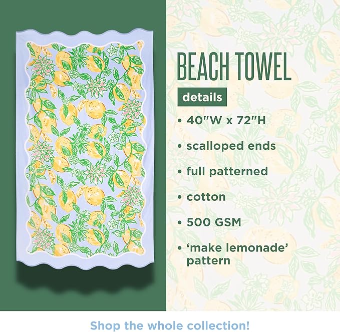 Lilly Pulitzer Oversized Pool/Beach Towel, 40 x 72, Large Cotton Towel with Scalloped Edges for Adults, Yellow/Green Lemon Print, Make Lemonade