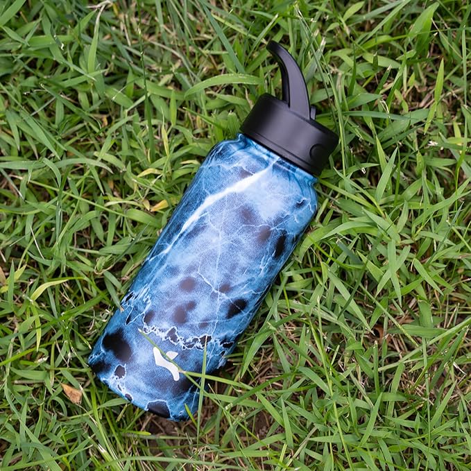 40oz Insulated Water Bottle Stainless Steel Sport Bottles with 3 Lids,Marble Ocean