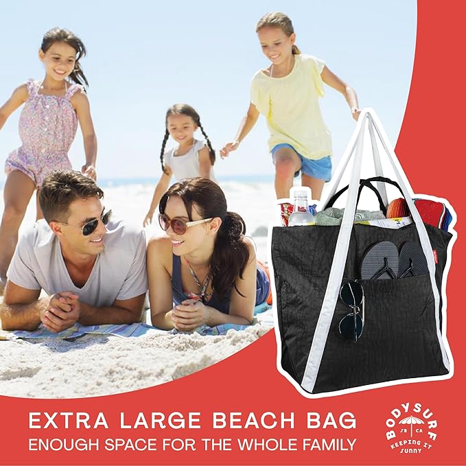 Bodysurf Beach Bags Waterproof Sandproof - Packable Foldable Nylon Zipper Tote Bag for Travel Lightweight, Pool, Boat, Cruise