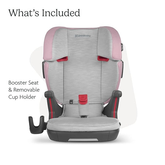 UPPAbaby Alta V2 High Back Booster Seat/Seven-Position, Active Support Headrest for Growing Children/SecureFit Integrated Belt Guide + Positioner/Cup Holder Included/Iris (Grey Mélange/Lavender)