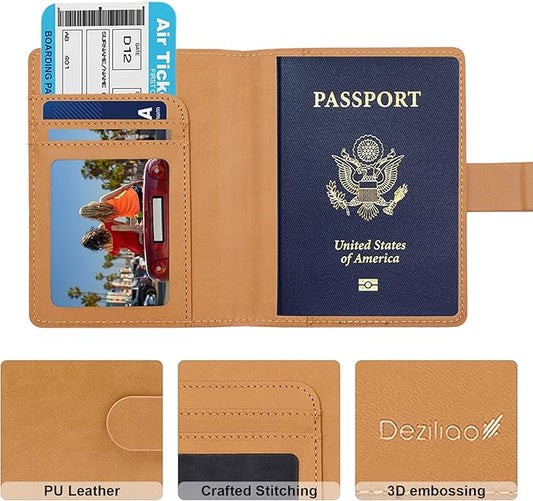 Deziliao Passport Wallet, Brown, Unisex, Faux Leather, Lightweight, Waterproof, RFID Blocking, Slim, 20W