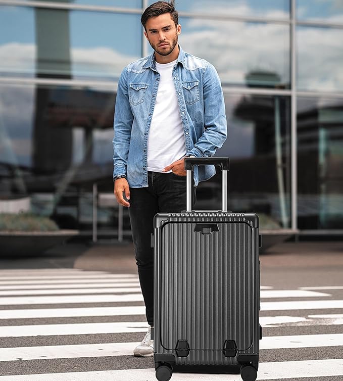 feilario 20in Aluminium Frame PC Hard Shell Spinner Wheels Luggage, Built-In TSA lock Carry on Suitcase, with Cup Holder, USB Port, Phone Holder
