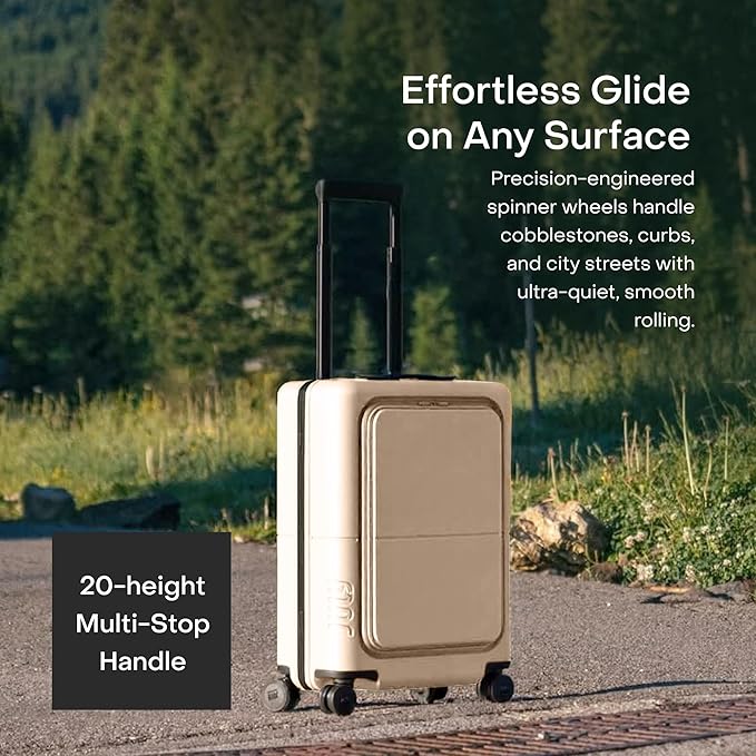 July Carry On Pro - 20" Hardshell with Front Pocket, Airline Approved Carry On Luggage with Wheels, TSA Lock Rolling Suitcase, Silent Spinner Wheels, USB Ports & Ejectable Battery - Sand