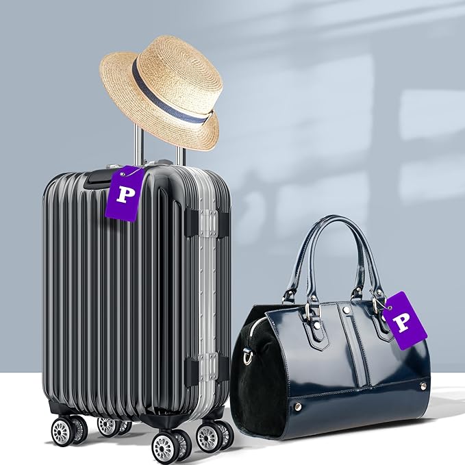 Gostwo 2 Pack Silicone Luggage Tags for Suitcases, 26 Initial Letter Baggage Labels Handbag School Bag Suitcase Instrument Tag with Stainless Steel Loop(Purple) (Letter P)