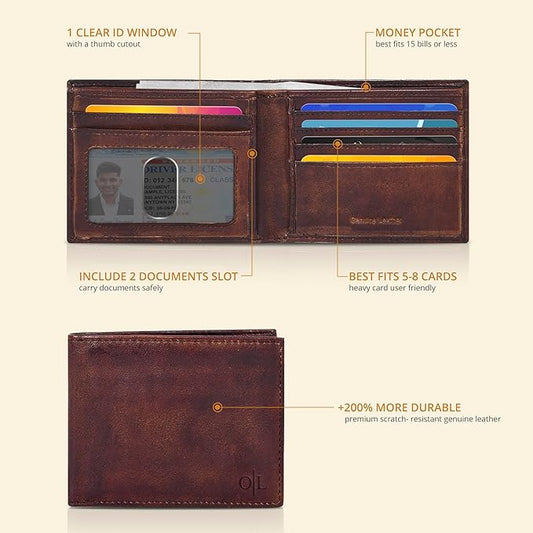 Oak Leathers Slim Leather Wallet for Men - RFID Blocking Slim Minimalist Front Pocket - Thin & Stylish with ID Window, Gift For Men (Vintage Brown)