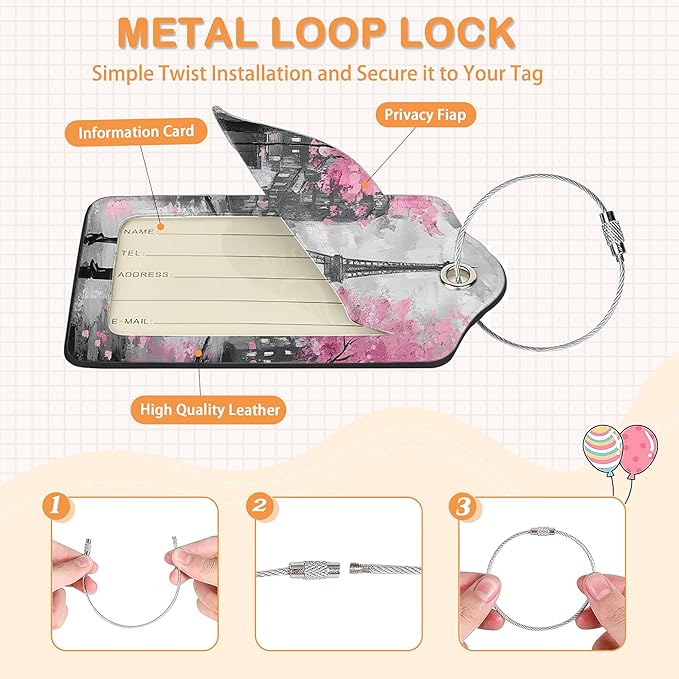 Eiffel Tower Paris 3 PCS PU Leather Luggage Tags for Suitcase, Luggage Tag with Privacy Flap, Name ID Label and Metal Loop for Women Men Baggage Handbag School Bag Backpack