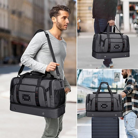 WITZMAN Travel Duffle Bag for Men 55L Large Carry-on Overnight Weekend Bags with Shoe Compartment Duffel Bag for Airplane(B720 Silvery Grey)