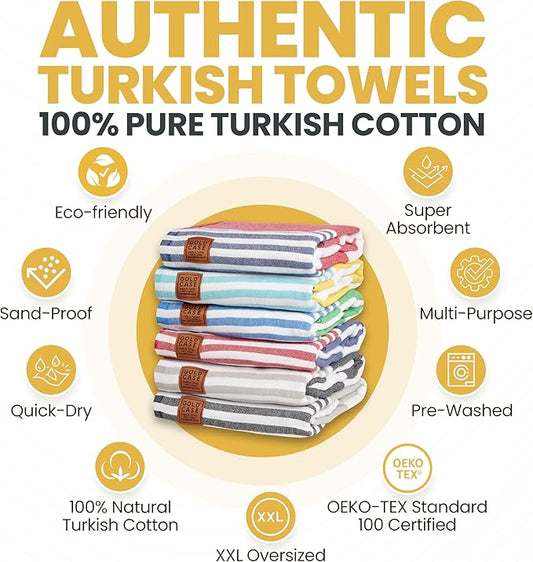 Gold CASE Turkish Beach Towel Set of 6 โ 100% Cotton Large Bath Towels 70 x 38'' โ LYCIA Oversized, Quick Dry & Sand Free Beach Towel โ Lightweight Turkish Towels Set - Multicolor-2