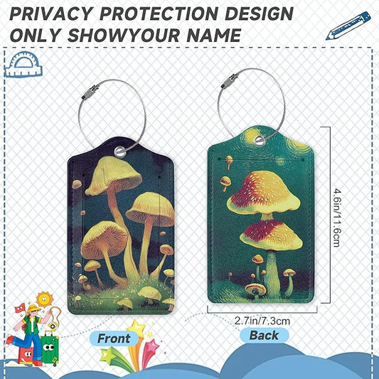 Vintage Mushroom Luggage Tags,2 Pack Travel Cruise Tags for Suitcases, Cute Identifiers with Privacy Flap, Baggage Tags for Women Men Handbag