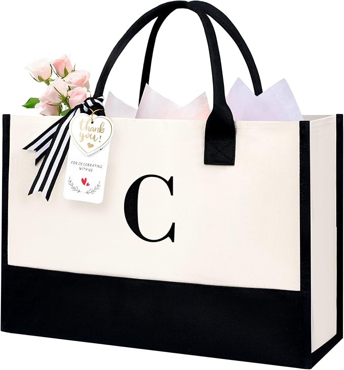 BAGAIL Initial Tote Bag, Personalized Birthday Gifts for Women, Teacher, Friends, Mom, Wedding, Monogrammed Beach Bag