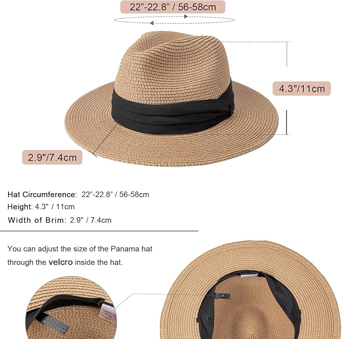DRESHOW Women Straw Panama Hat Travel Fedora Beach Sun Hat Summer Wide Brim Straw Roll up Hat UPF 50+