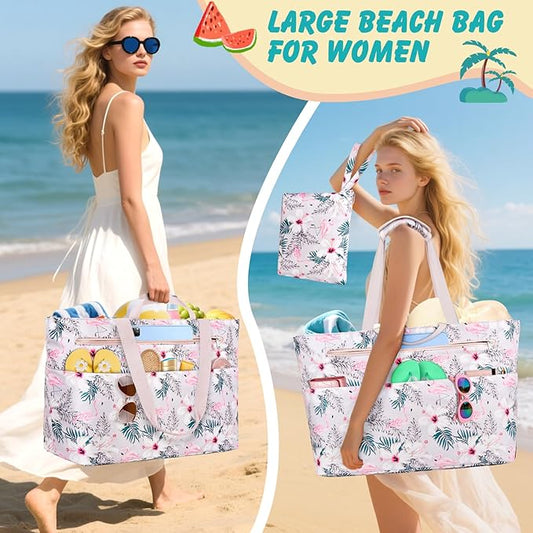Extra Large Beach Bags for Women, Waterproof Sandproof Beach Tote Bag Zipper Foldable Swim Pool Bag with Wet Pocket