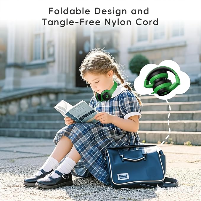 Kids Headphones, Wired Headphones for Kids Over Ear with Microphone, 85/94dB Volume Limiter Headphone for Girls Boys, Foldable Headphone for Learning & Entertainment, Black and Green