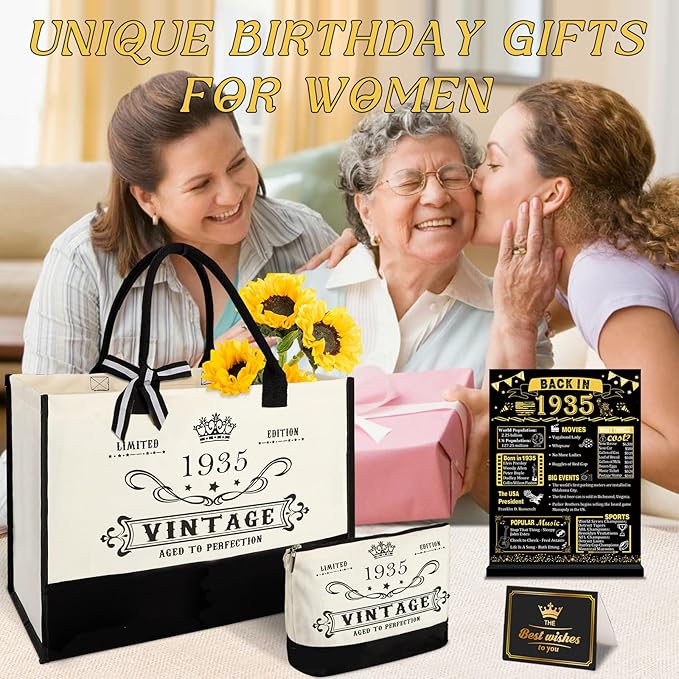 90th Birthday Gifts for Women Canvas Tote Bag Travel Gear, Unique 90 Years Old Birthday Gifts for Mom Wife Aunt Friends Her, Vintage 1935 Handbag & Cosmetic Bag & Back in 1935 Poster