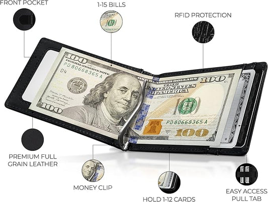Kingly Trace Airtag Wallet for Men - Smart RFID Blocking Leather Wallet with Airtag Holder & Money Clip - Minimalist Trackable Design with Pull Tab - Secure Wallets