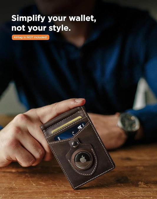 SERMAN BRANDS AirTag Wallet - RFID Blocking Mens Minimalist Money Clip Wallet for Airtag - Full Grain Leather - Slim Bifold. Front Pocket for Air tag Wallets for men. Gift (Texas Brown Air)