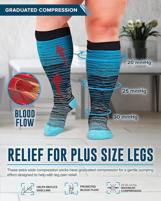 Doctor's Select 3 Pairs Plus Size Compression Socks Wide Calf - Up to 6XL | 20-30 mmHg Compression Socks for Women Wide Calf Blue, Light Blue, Purple & Pink (Stripes)