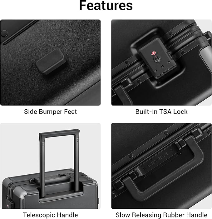 LEVEL8 Zipperless Checked Luggage with Aluminum Frame, Upgraded Medium Hardside Suitcase with Spinner Wheels, Metal Travel Luggage with Double Tsa Locks, 24 Inch, Black