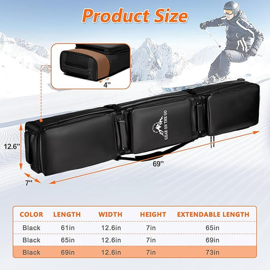 Wheeled Ski Bag for Air Travel - Extendable 155-185CM Waterproof Padded Rolling Snowboard Bag for Double Skis, Boots, Helmet & Ski Gear