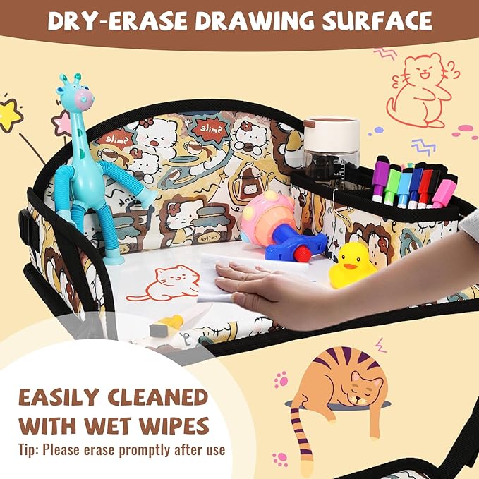 Kids Travel Tray for Airplane - Toddler Car Seat Table Tray, Road Trip Essentials for Boys & Girls, Carseat Lap Desk for Kids Road Trip Activities, Cute Kitten