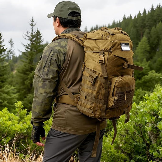 AUMENTAR 50L Tactical Backpack for Men and Women, Water-Resistant Molle Rucksack, Large Military Assault Pack for Hiking, Hunting, Camping, Gym & Outdoor Survival Khaki