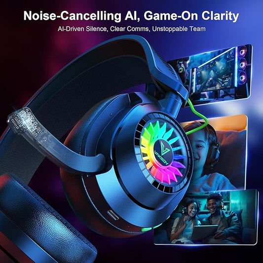 Vakedy HW10 Wireless Gaming Headset for PS5,PS4,PC,2.4GHz Bluetooth Over Ear Headphones with Noise Cancelling Microphone,50Hr Battery Gamer Headsets for Switch, Laptop,Mobile,Mac,Cool RGB (Black)